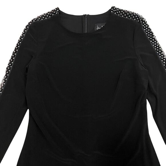 Joseph Ribkoff Black Dress LBD | Silver Beaded Mesh Sleeves, Y2K Glam, NWOT $390 - Picture 2 of 8